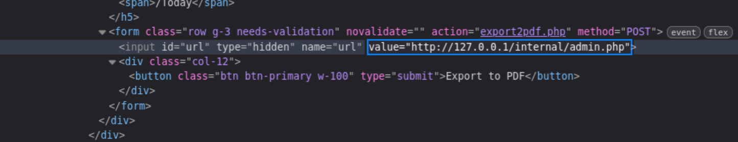 DevTools showing modified input pointing at internal admin